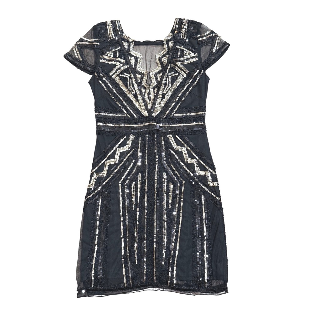 Womens Black Gold Sequin 20s Geometric Art Deco Cocktail Mini Dress Size Small S